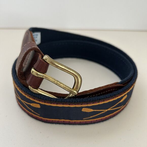 Preston New England Mens Belt 34 Boat Oars Canvas Leather Brass Buckle Nautical - Picture 1 of 10